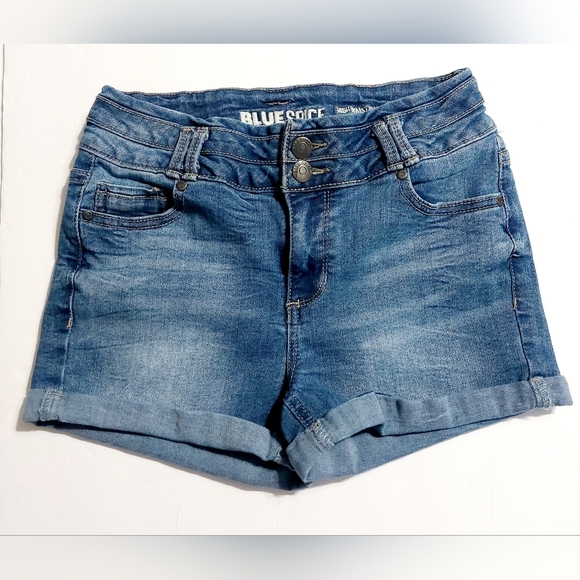 Blue Spice Rolled Denim Shorts 2 button close Recycled Material Size 5 - Picture 1 of 6